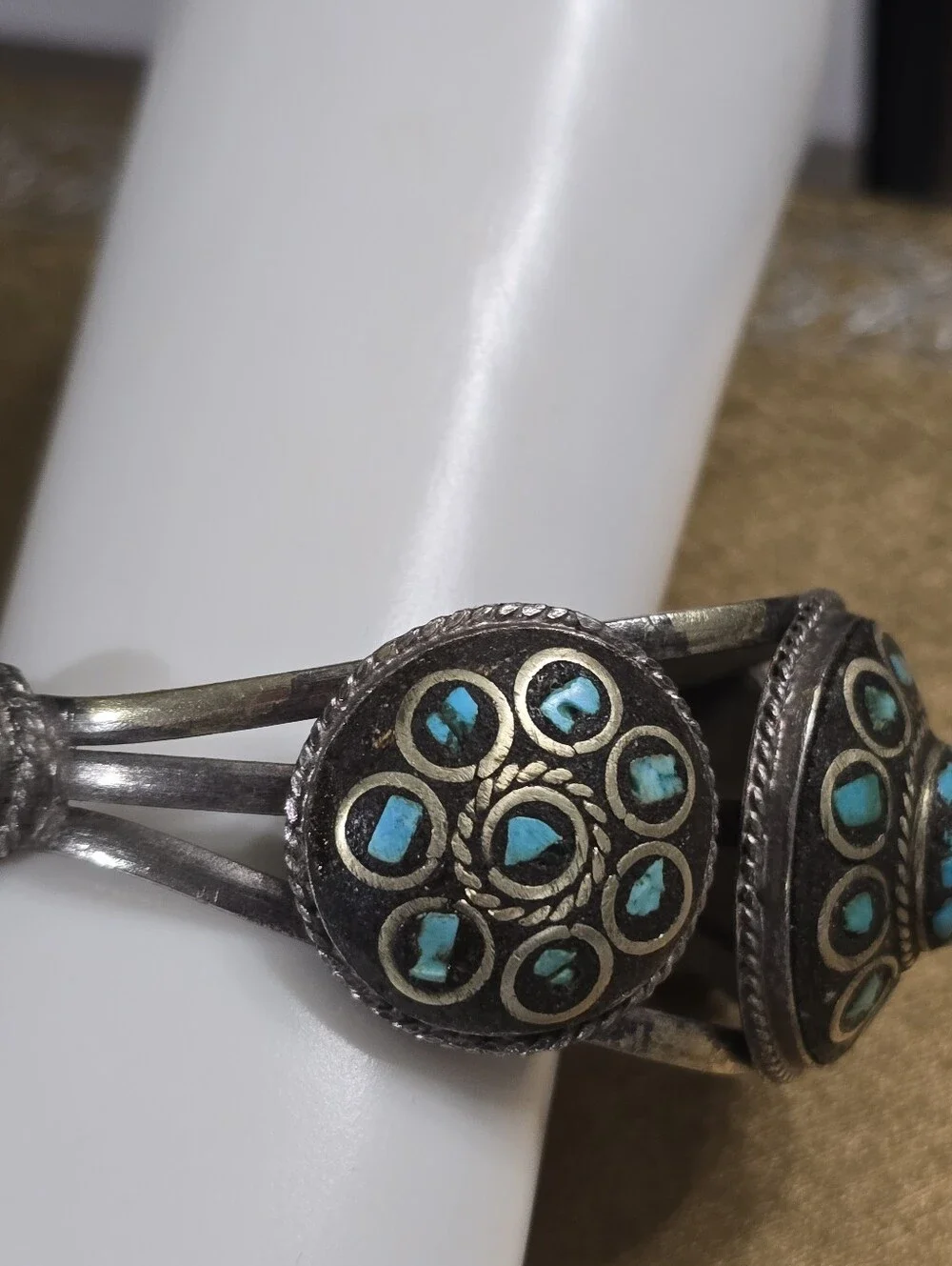 Vintage Tibetan Turquoise Inlay Silver-Tone Statement Cuff Bracelet 6.75